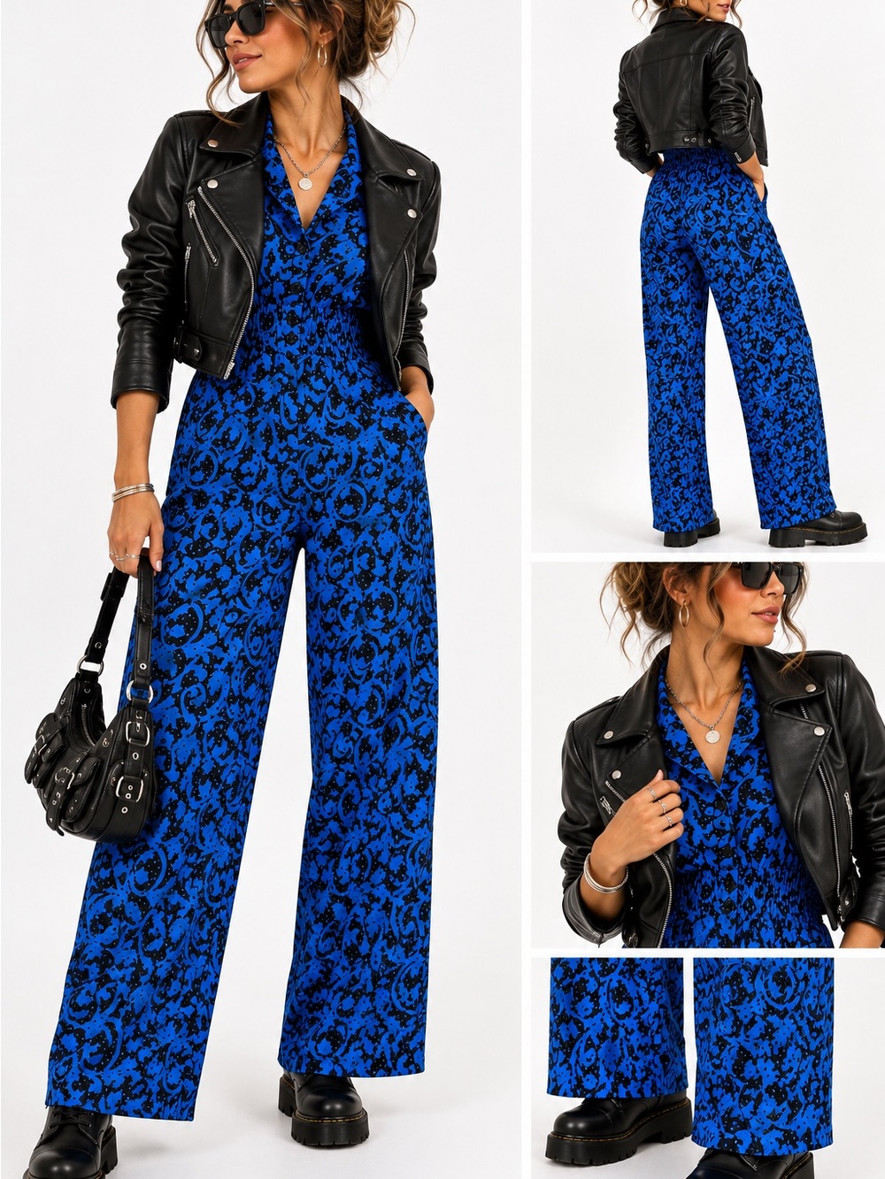 Vintage 90s Blue Patterned Wide-Leg Jumpsuit